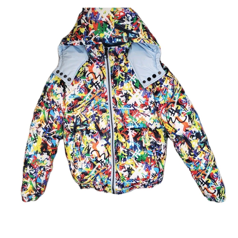 Kash Koture Blue Graffiti Chaos Puffer Jacket Mens XS Reversible Streetwear Coat